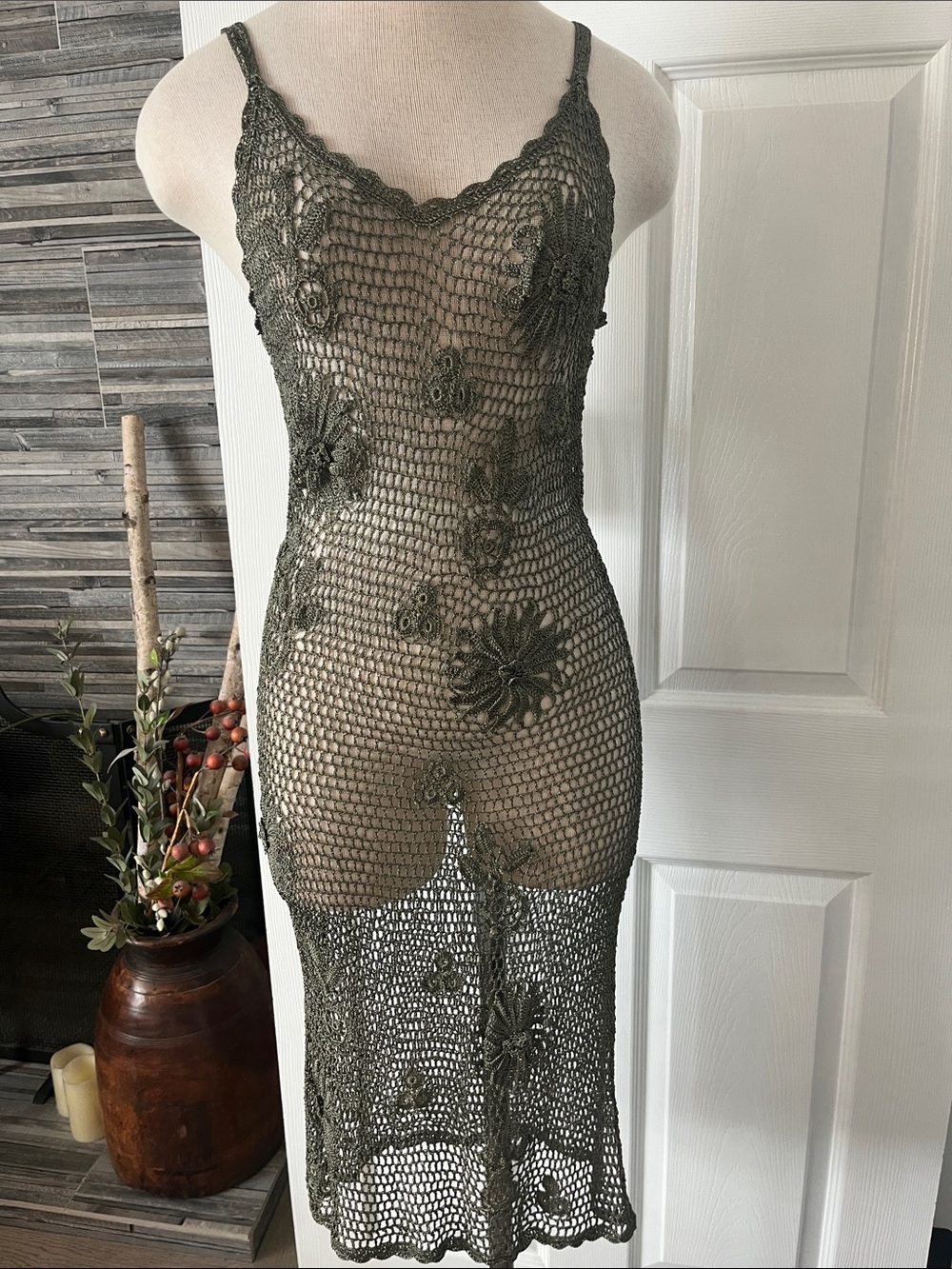 NWT Open Crochet Slip Dress in Olive Green